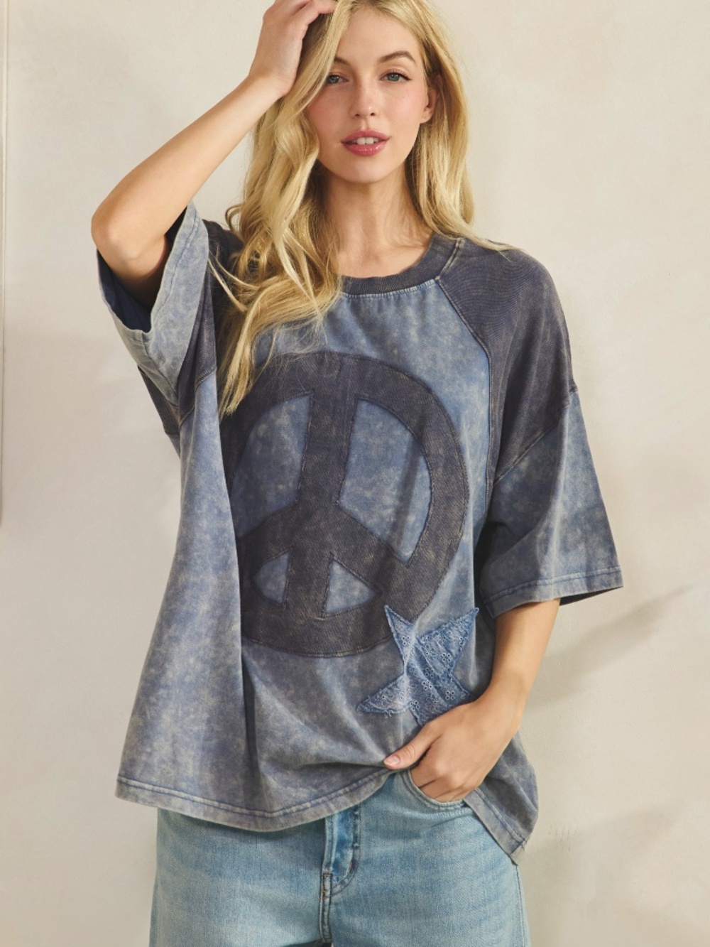 Sage + Fig Blue Mineral Wash Peace Star Patch Short Sleeve Top - Picture 5 of 6